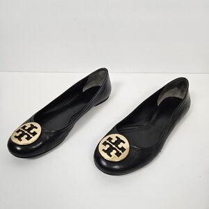 Tory Burch Black Leather Gold Logo Ballet Flats